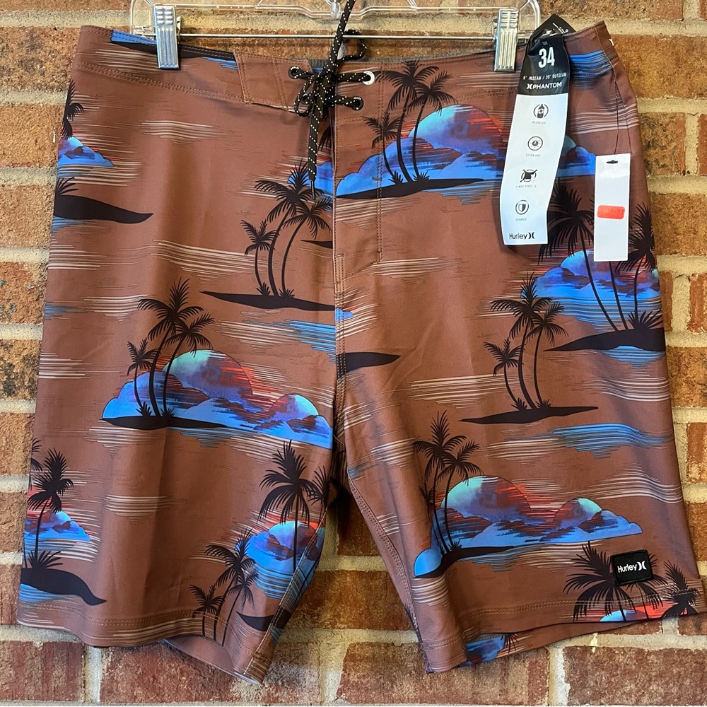 Hurley Men's Eco Phantom Brown and Blue Board Shorts with Tropical Pattern